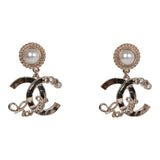 Chanel Light Gold Faux Pearl Crystal Coco Script CC Drop Earrings