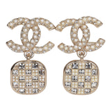 Chanel CC Faux Pearl Crystal Square Drop Earrings