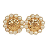 Chanel Vintage 24K Gold Plated CC Logo Pearl Circle Earrings