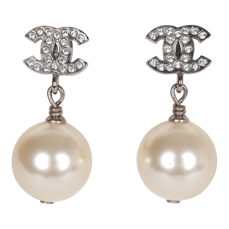 Chanel Silver CC Faux Crystal Pearl Drop Earrings
