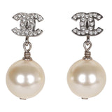 Chanel Silver CC Faux Crystal Pearl Drop Earrings