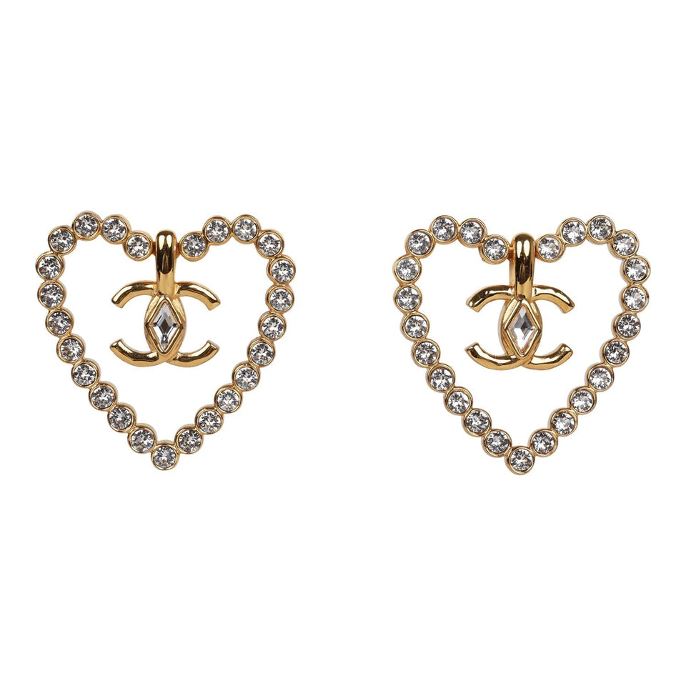 Chanel Heart Shaped Rhinestone Earrings With Gold Metal CC Drop