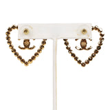 Chanel Heart Shaped Rhinestone Earrings With Gold Metal CC Drop