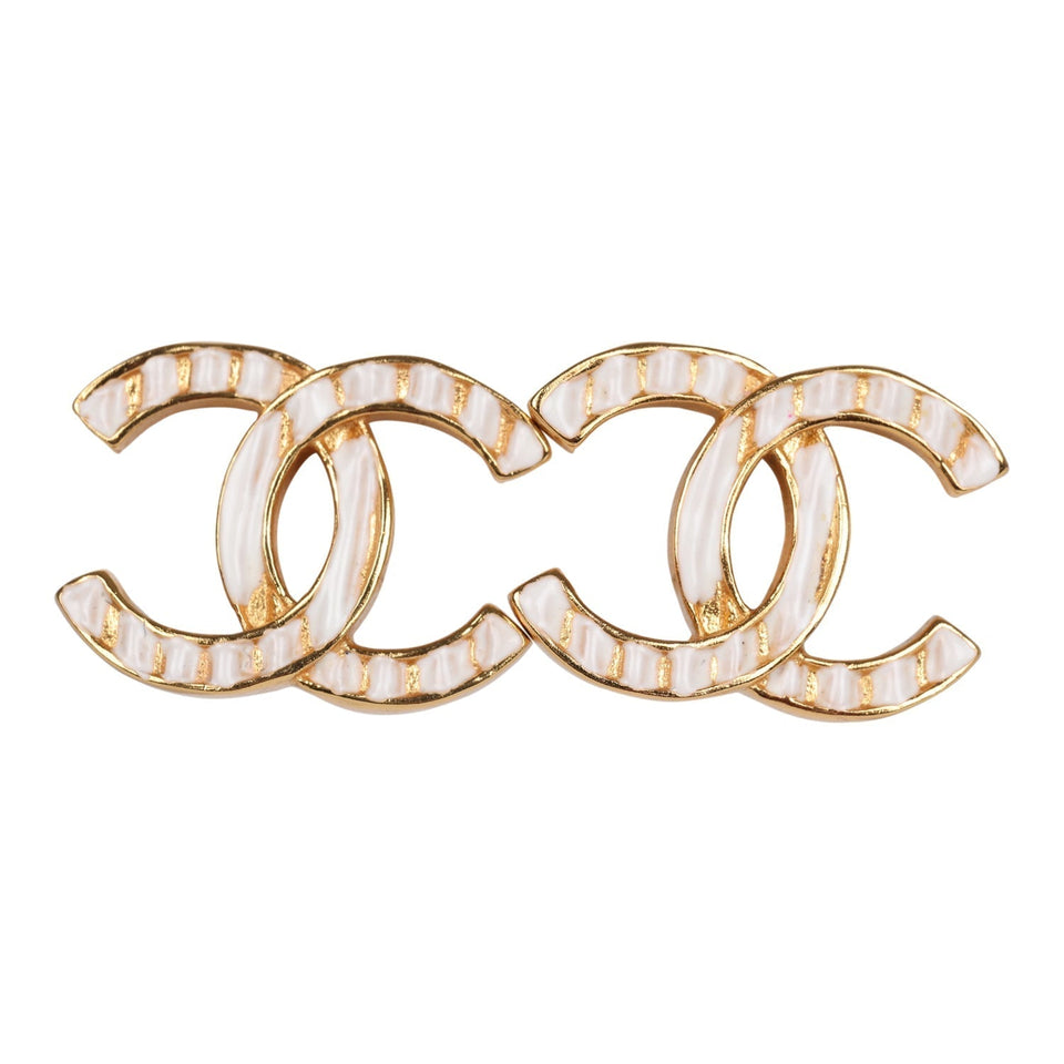 Chanel CC Stud Earrings White Textured Enamel and Gold Metal
