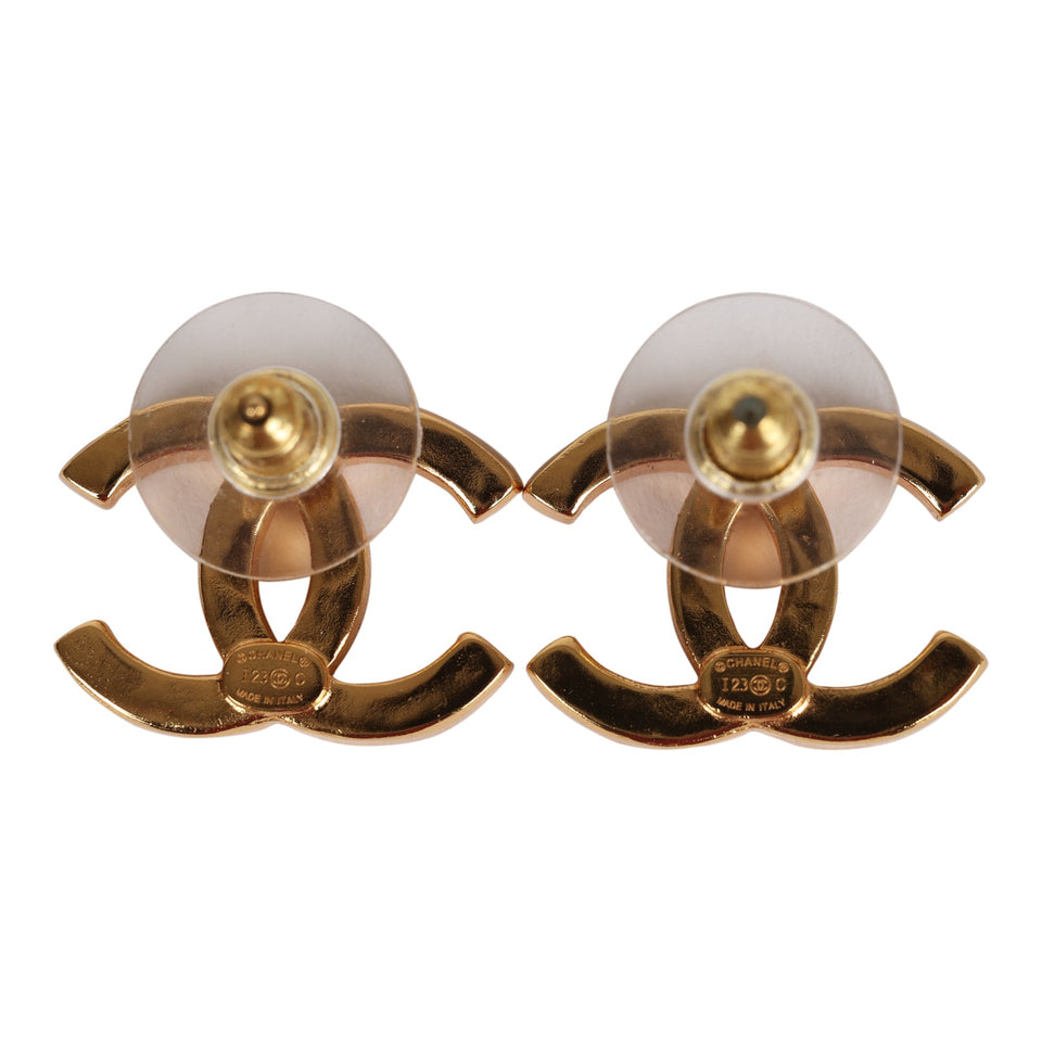 Chanel CC Stud Earrings White Textured Enamel and Gold Metal