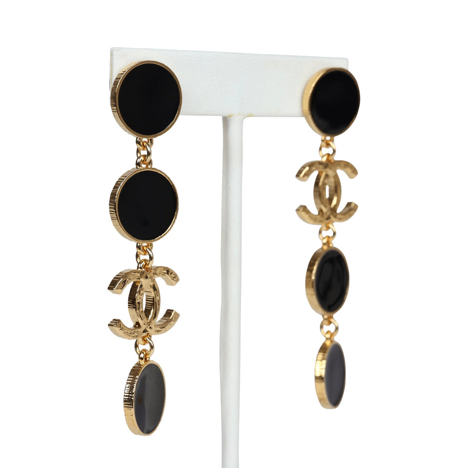 Chanel Round Dangle CC Earrings Black Enamel & Gold Metal