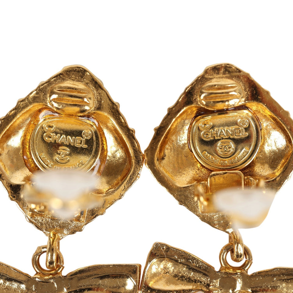 Chanel Vintage 24K Gold Plated Dangle Bow Clip On Earrings