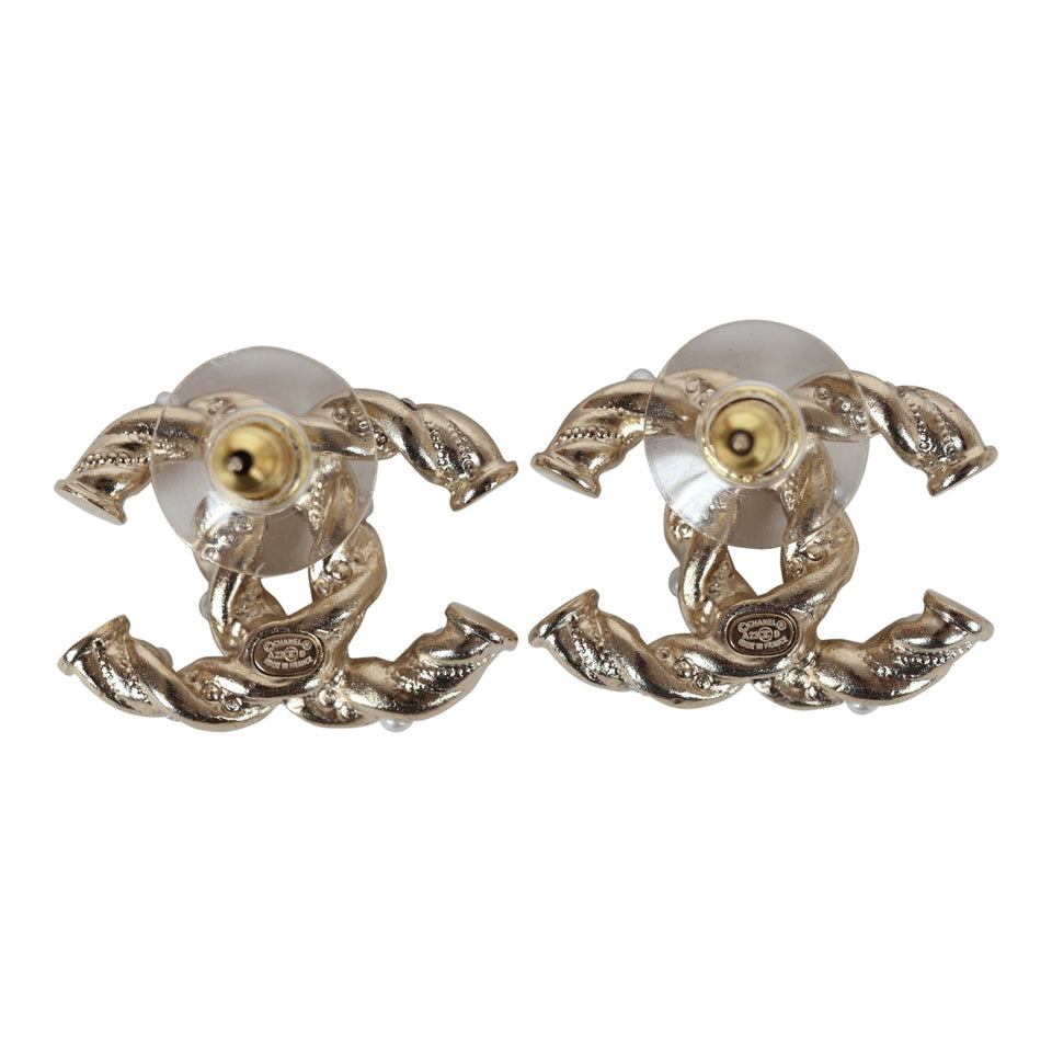 Chanel Twisted CC Light Pink and White Crystal and Pearl Earrings Gold Metal Hardware