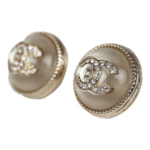 Chanel Crystal CC Round Pearl Button Earrings Light Gold Hardware