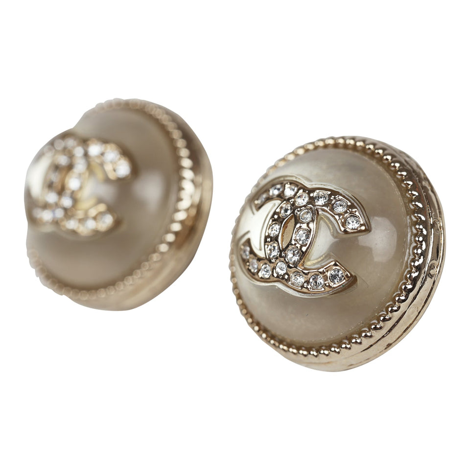 Chanel Crystal CC Round Pearl Button Earrings Light Gold Hardware