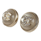 Chanel Crystal CC Round Pearl Button Earrings Light Gold Hardware