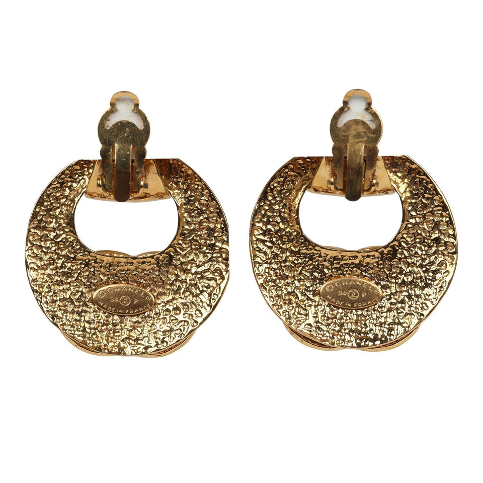 Chanel Vintage Large CC Quilted Knocker Hoop Earrings Gold Hardware