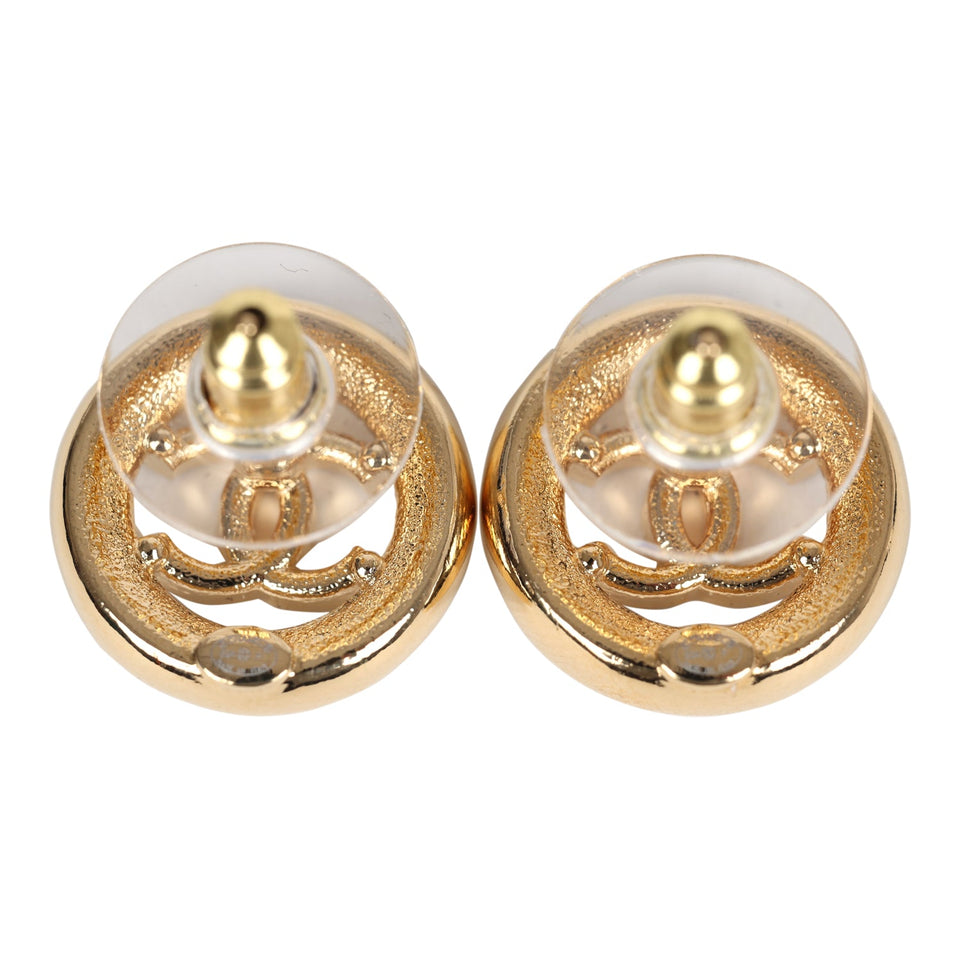 Chanel CC Round Stud Earrings White/Black Enamel Gold Hardware