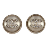 Chanel Crystal CC Round Pearl Button Earrings Light Gold Hardware