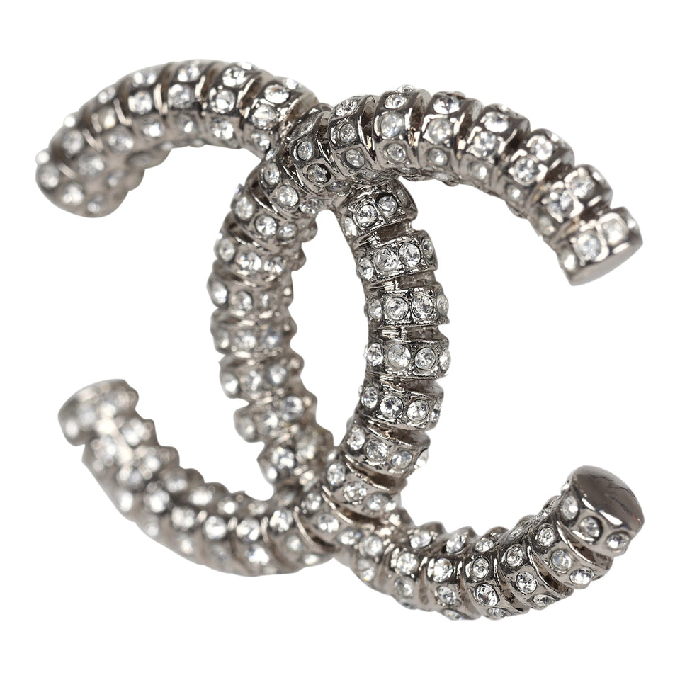 Chanel Large Crystal CC Stud Earrings Silver Hardware