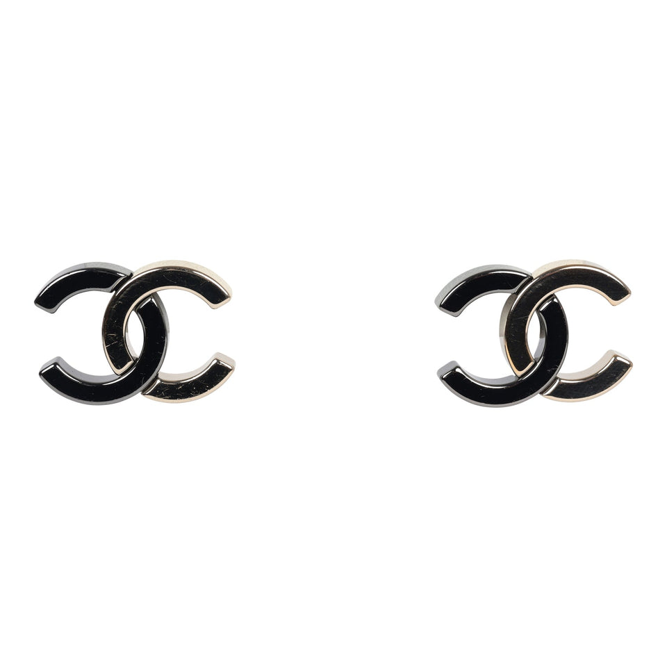 Chanel CC Two-Tone Stud Earrings Ruthenium & Light Gold Hardware