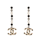 Chanel CC Black/White Crystals and Pearls Drop Earrings Gold Hardware