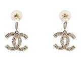 Chanel Crystal CC Dangle Hoop Earrings Silver Light Gold Hardware