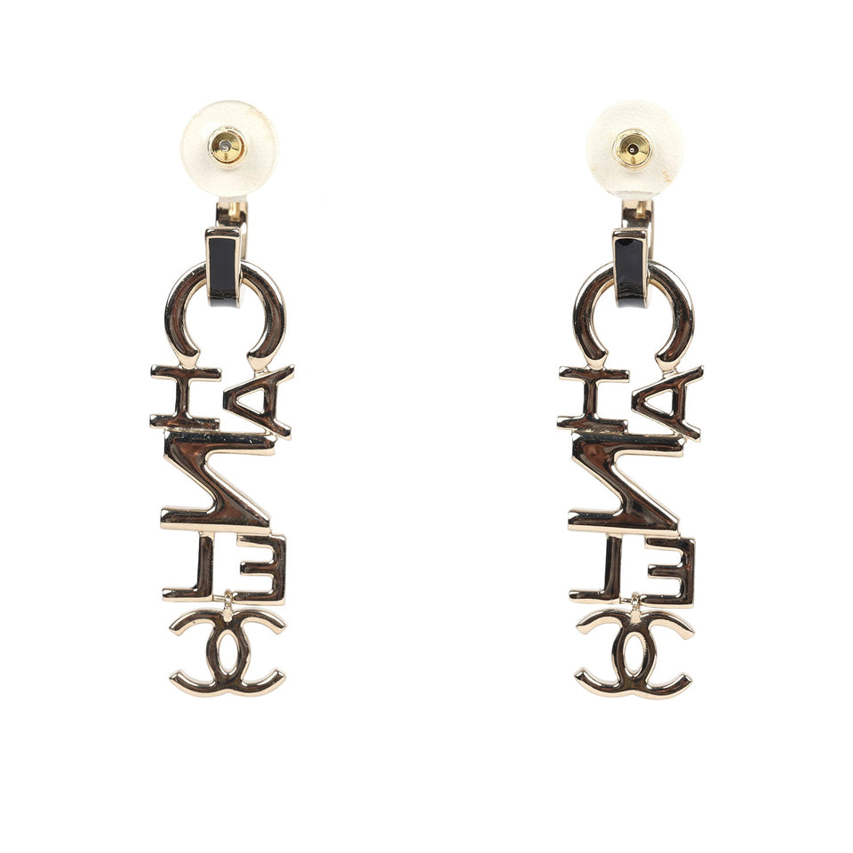 Chanel "Chanel" Letter Drop Earrings Black/White Enamel Light Gold Hardware