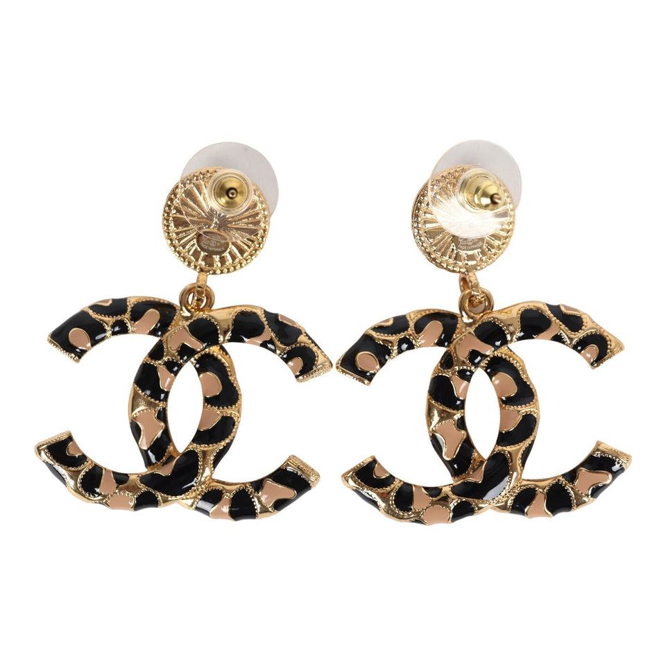 Chanel Large Leopard Print CC Dangle Earrings Black/Brown Enamel Gold Hardware