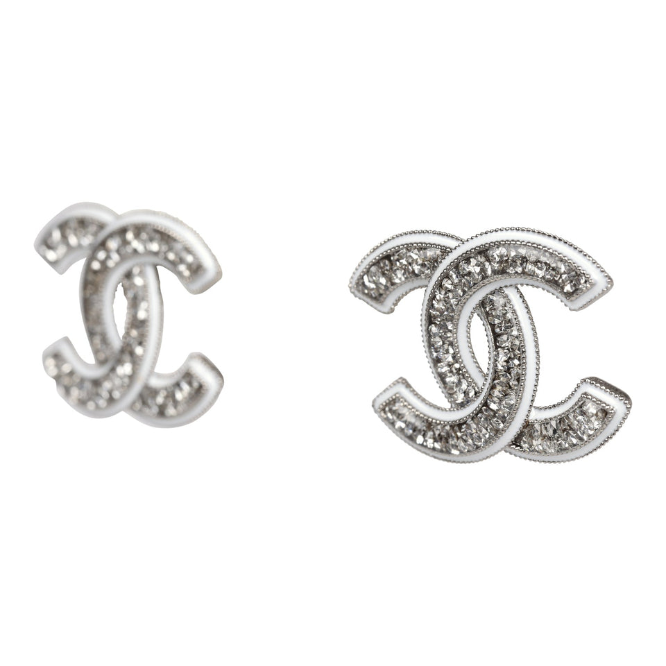 Chanel Large Lucite CC Crystal Stud Earrings White Enamel and Silver Hardware