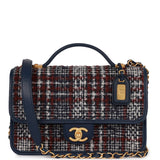 Chanel Medium School Memory Flap Bag with Top Handle Navy Multicolor Tweed Aged Gold Hardware