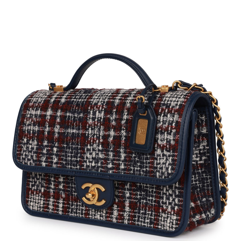 Chanel Medium School Memory Flap Bag with Top Handle Navy Multicolor Tweed Aged Gold Hardware