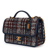 Chanel Medium School Memory Flap Bag with Top Handle Navy Multicolor Tweed Aged Gold Hardware