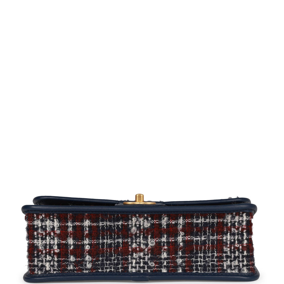 Chanel Medium School Memory Flap Bag with Top Handle Navy Multicolor Tweed Aged Gold Hardware