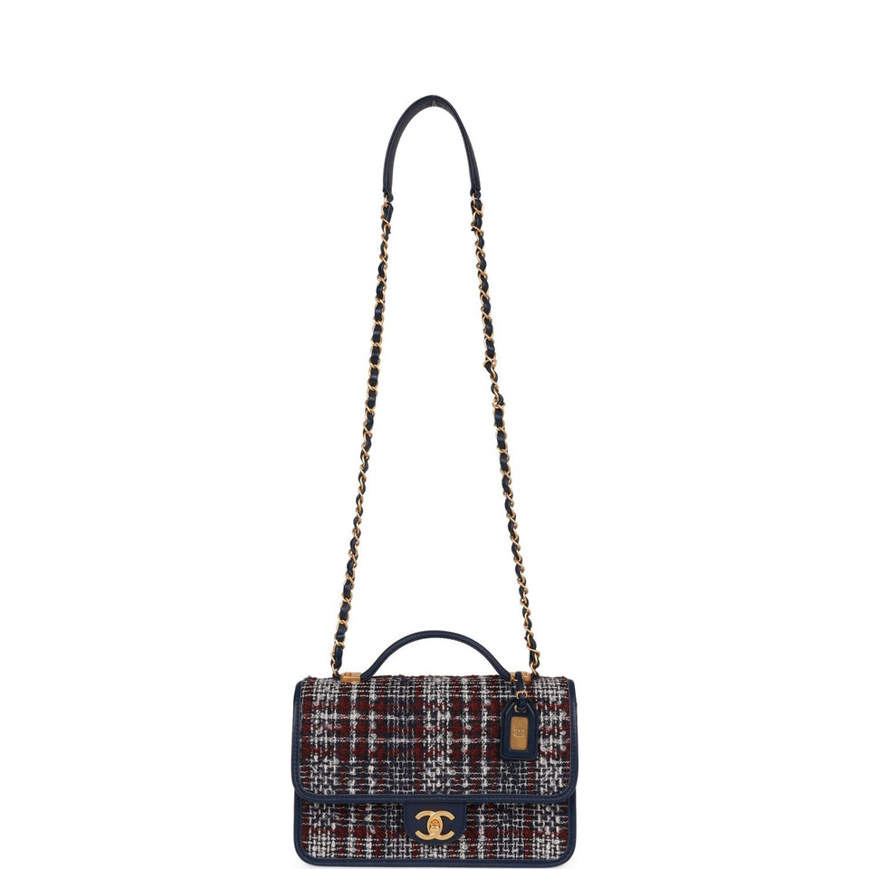 Chanel Medium School Memory Flap Bag with Top Handle Navy Multicolor Tweed Aged Gold Hardware