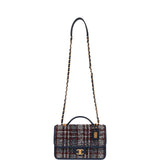 Chanel Medium School Memory Flap Bag with Top Handle Navy Multicolor Tweed Aged Gold Hardware