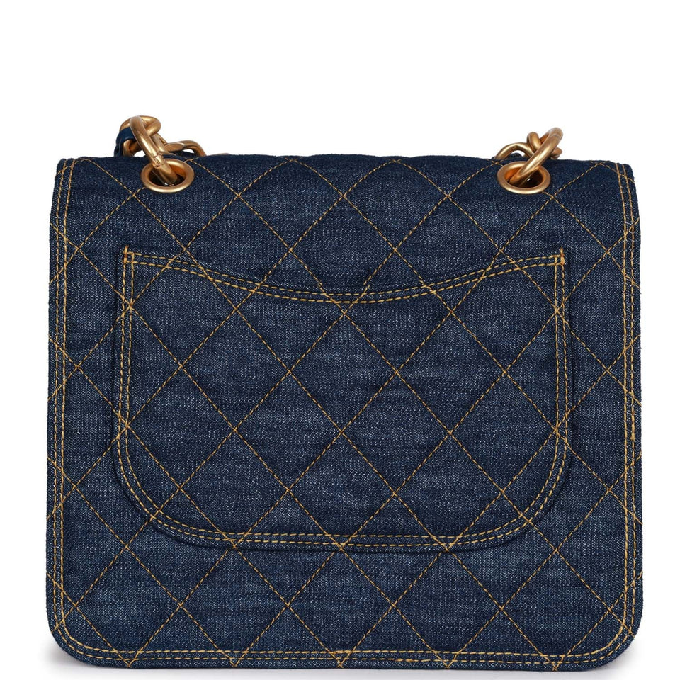Chanel Square Flap Blue Denim Antique Gold Hardware