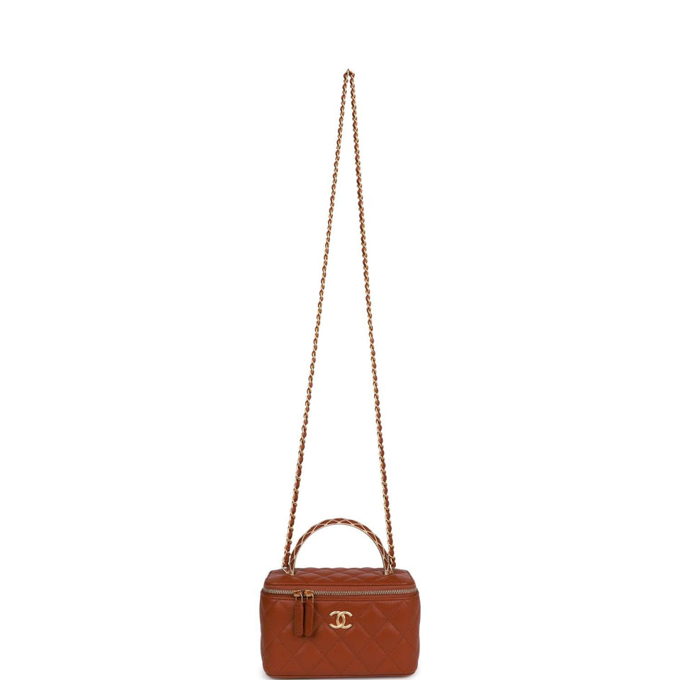 Chanel Small Top Handle Vanity Case Brown Lambskin Brushed Gold Hardware