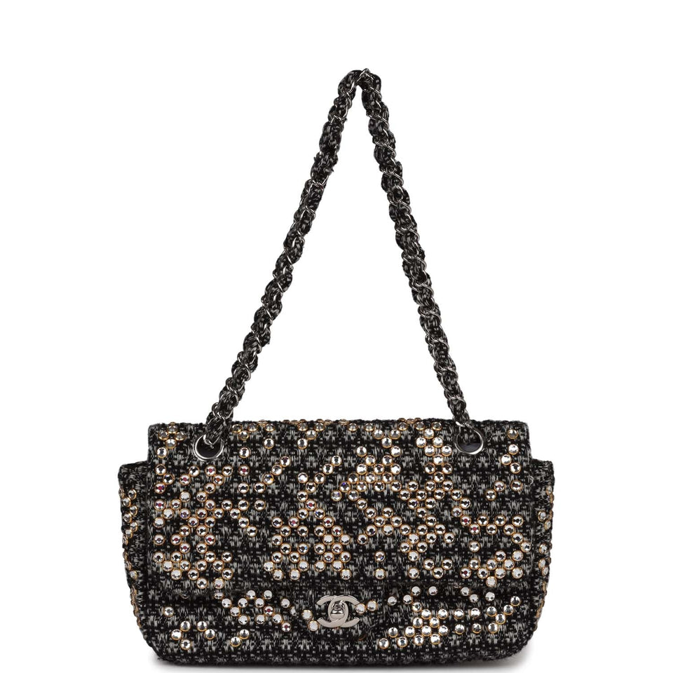 Chanel Medium Single Flap Black and White Tweed With Crystals Silver Hardware