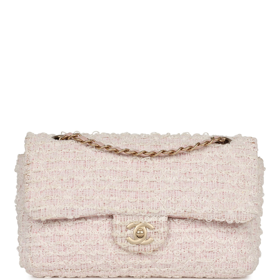 Chanel Medium Single Flap Bag Pink and White Tweed Brushed Gold Hardware