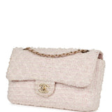 Chanel Medium Single Flap Bag Pink and White Tweed Brushed Gold Hardware