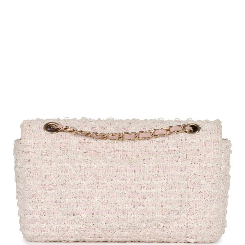 Chanel Medium Single Flap Bag Pink and White Tweed Brushed Gold Hardware