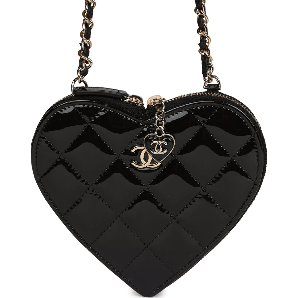 Chanel Hearts Chain Clutch Black and White Patent Calfskin Gold Hardware