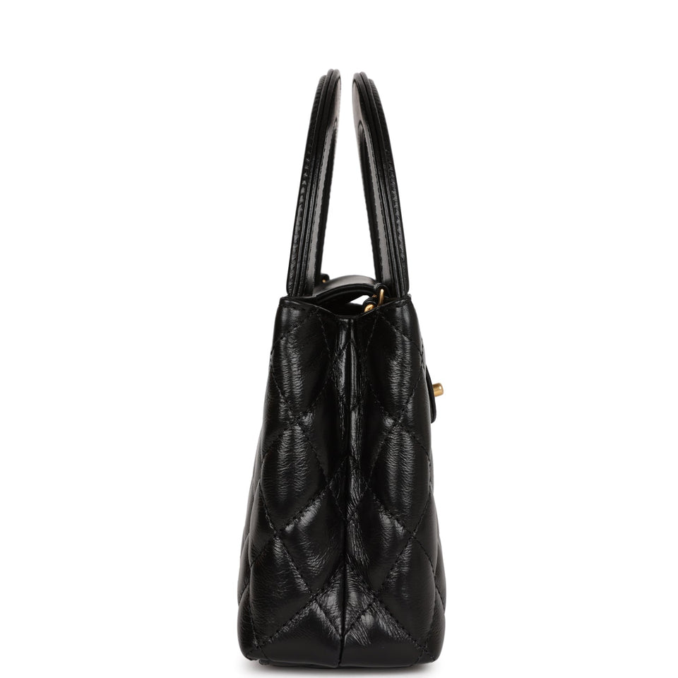 Chanel Small Kelly Shopper Black Shiny Aged Calfskin Brushed Gold Hardware