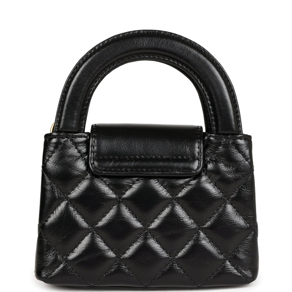 Chanel Nano Kelly Shopper Black Shiny Aged Calfskin Brushed Gold Hardware