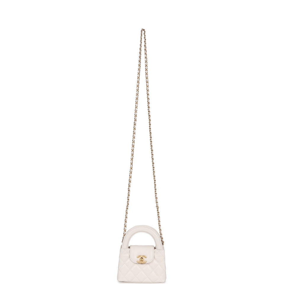 Chanel Nano Kelly Shopper White Shiny Aged Calfskin Brushed Gold Hardware