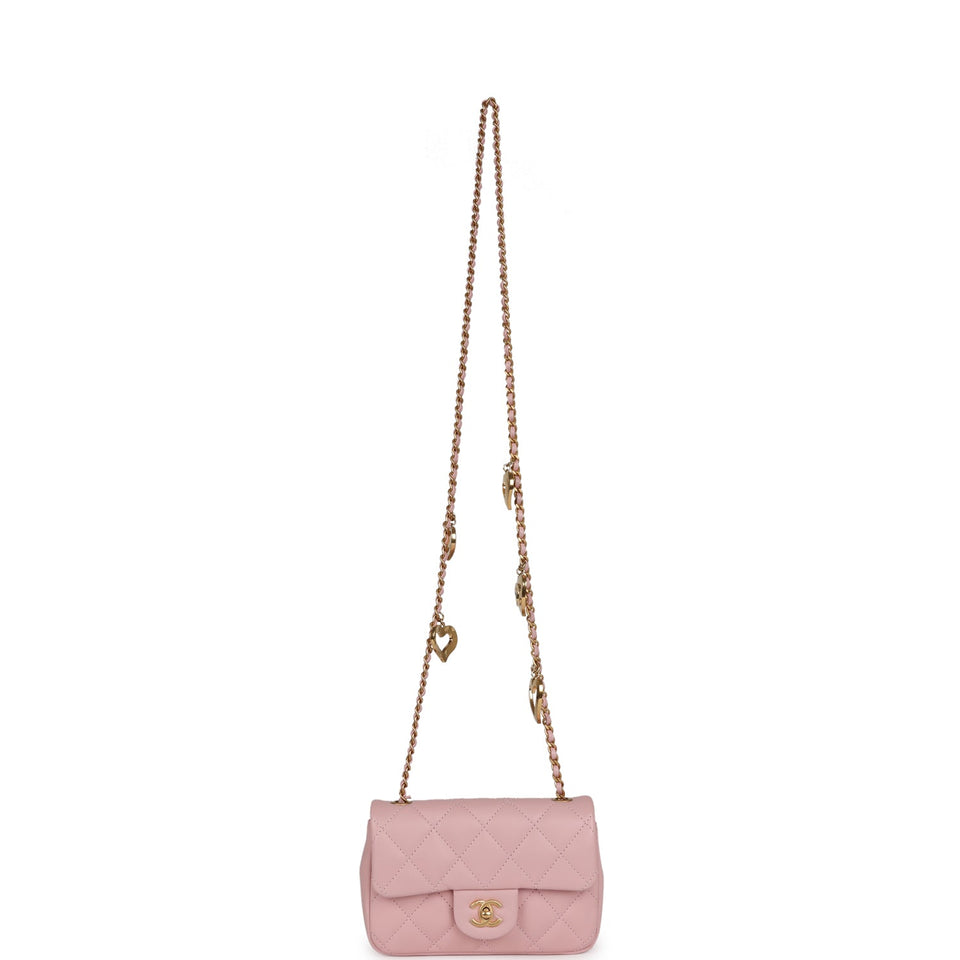 Chanel Mini Rectangular Flap Bag with Heart Chain Pink Lambskin Antique Gold Hardware