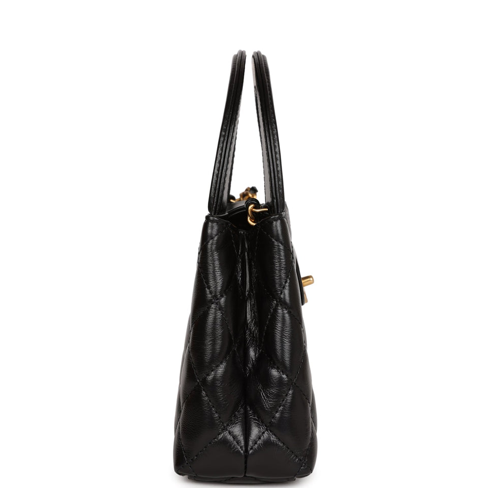 Chanel Small Kelly Shopper Black Shiny Aged Calfskin Brushed Gold Hardware