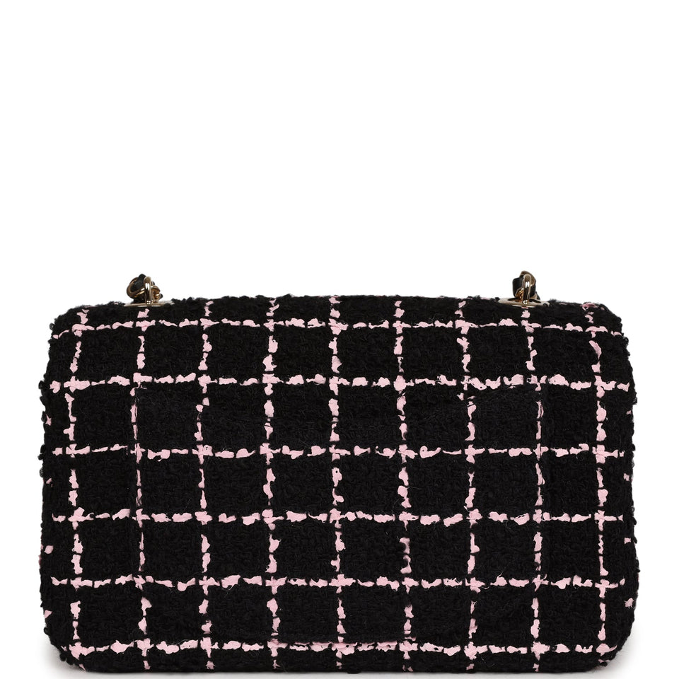 Chanel Mini Camellia Closure Flap Black and Pink Tweed Gold Hardware