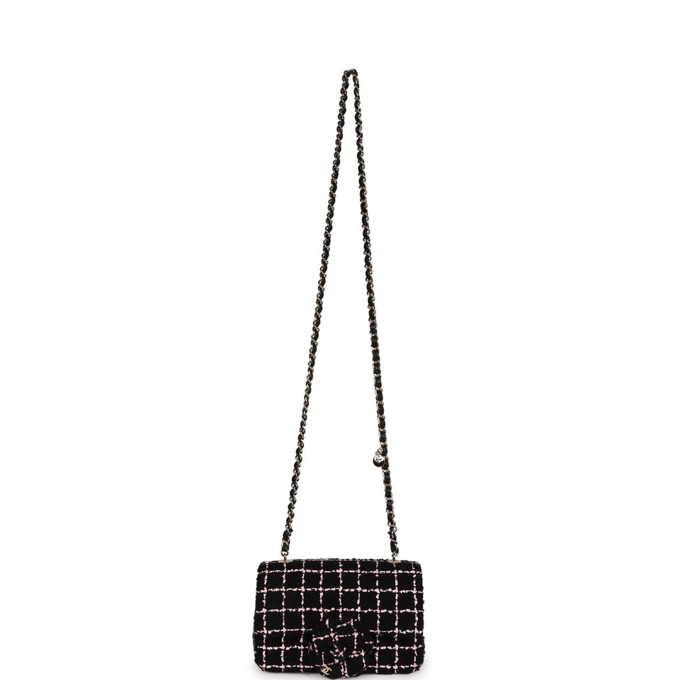 Chanel Mini Camellia Closure Flap Black and Pink Tweed Gold Hardware