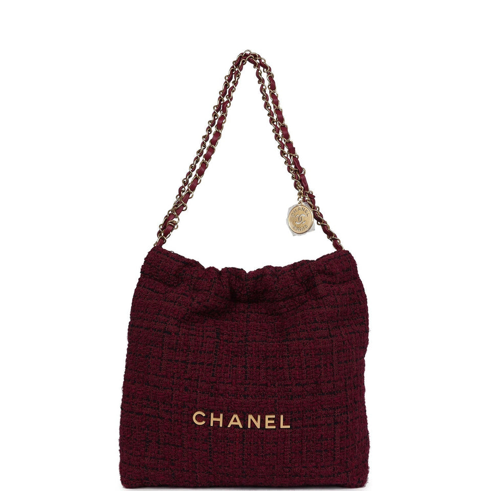 Chanel Small 22 Bag Burgundy and Black Tweed Gold Hardware