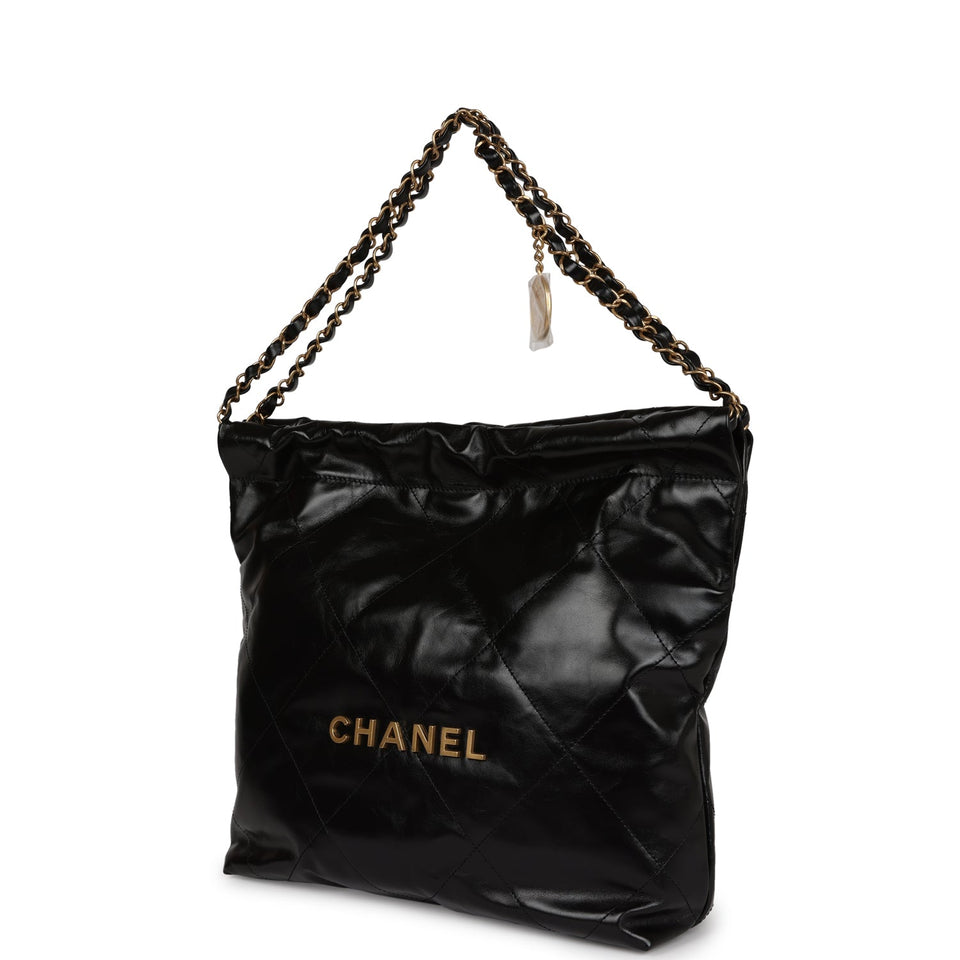 Chanel Small 22 Bag Black Shiny Crumpled Calfskin Gold Hardware