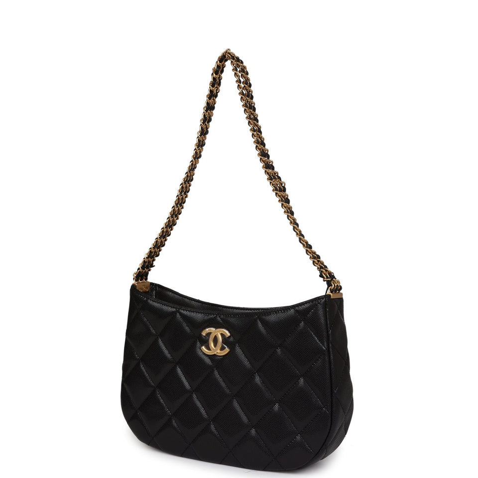 Chanel Hobo Bag Black Shiny Caviar Brushed Gold Hardware