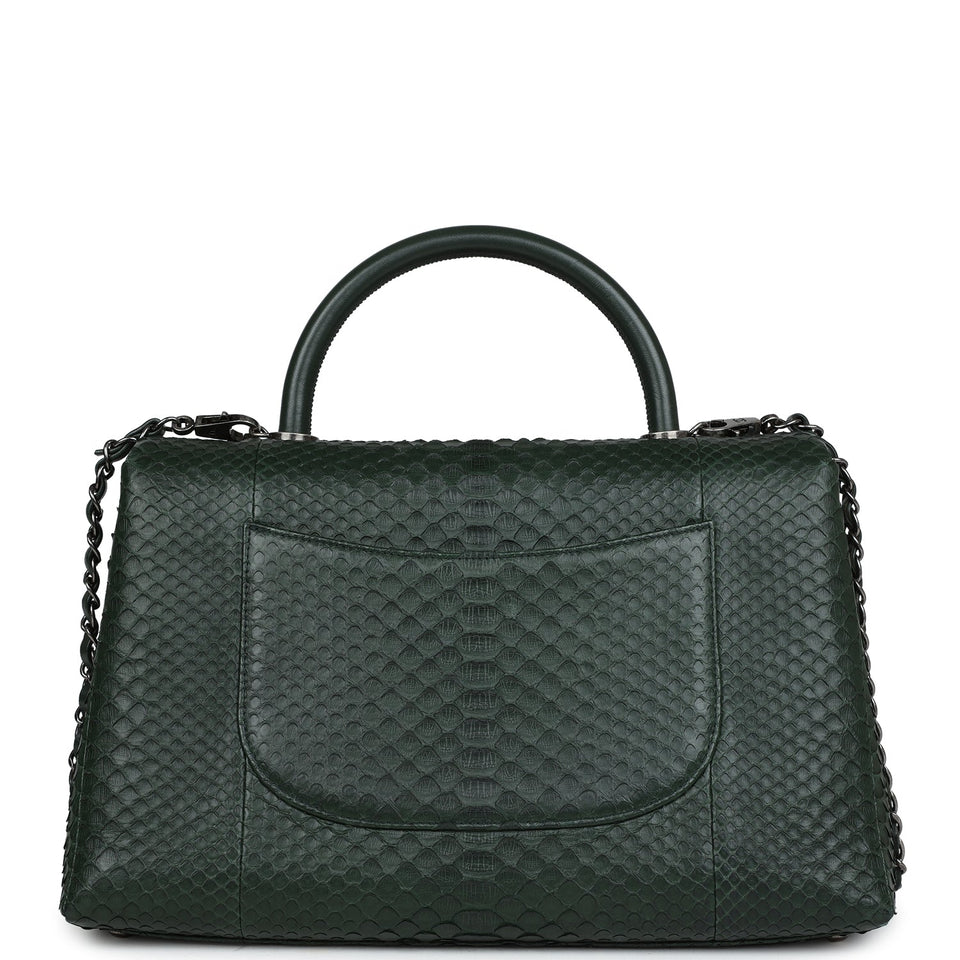 Chanel Medium Coco Handle Flap Bag Dark Green Python Ruthenium Hardware