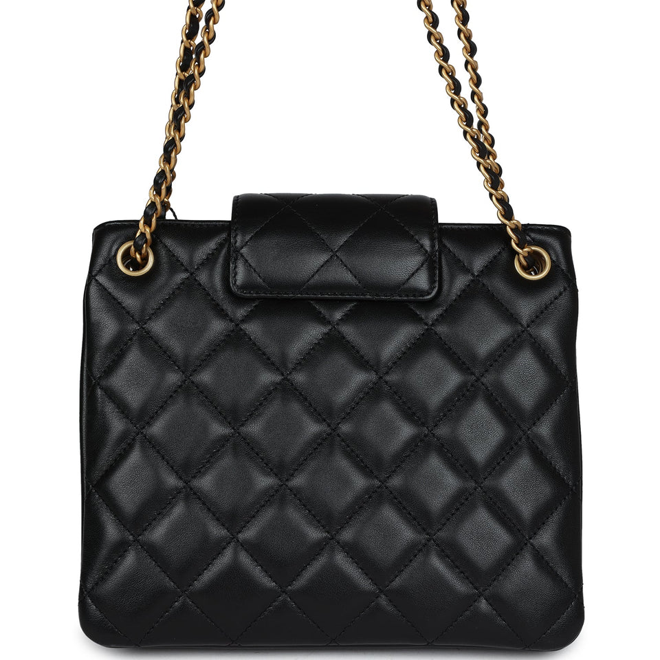 Chanel CC Small Shoulder Bag Black Lambskin Antique Gold Hardware